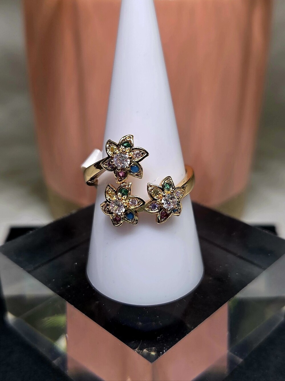 Gold-Tone Floral Multi-Gem Crossover Ring
